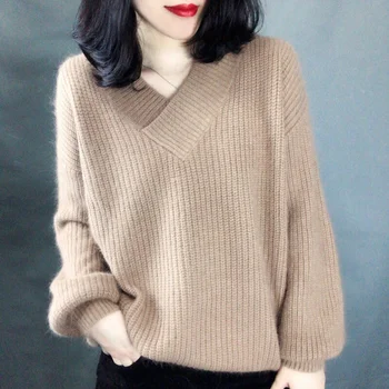  Осенние и зимние свитера женский свободный пуловер 2023 повседневный новый пуловер с V-образным вырезом и длинными рукавами шерстяной вязаный свитер пуловер
