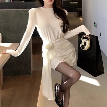  корейский 3d цветок однотонное повседневное платье с длинными рукавами женское 2024 весна новое модное плиссированное асимметричное мини-платье с о-образным вырезом