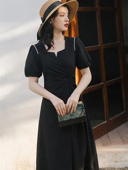  Французские черные платья Хепберн Элегантный женственный V-образный вырез с квадратным вырезом Сексуальные вестидосы Шикарная высокая талия на шнурке Винтажное платье