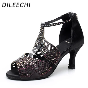  DILEECHI женская атласная обувь для латиноамериканских танцев Черный цвет Красная кожа Высококачественный низ Обувь для бальных танцев Salsa Party каблук 7,5см