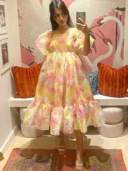  В стиле бохо ретро пышное платье с цветочным принтом женское платье из органзы миди женское платье 2022 летнее платье приталенный лиф женское платье для вечеринки