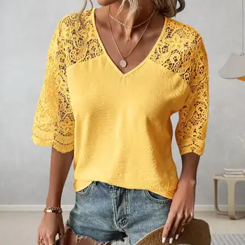  Красивая летняя блузка с V-образным вырезом Пуловер Леди Блузка Большие размеры Летняя блузка