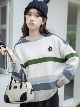  Осенний и зимний женский свитер полосатый вязаный пуловер с вышивкой Корейская мода уличная мужская 2023 новый свитер