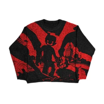  Хип-хоп трикотажный мужской женский свитер 2023 Harajuku Мода Мультфильм Арт Шаблон Свободные топы Повседневная уличная одежда Пуловер Повседневный новый