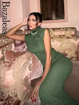  2023 Магазин Traf Элегантное зеленое трикотажное платье миди Официальное облегающее платье без рукавов Винтажное платье-танк