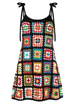  Вязаное платье в стиле бохо лето разноцветные бретели трикотажное платье без рукавов женское мини платье в стиле бохо платье для этнических вечеринок