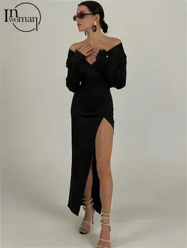  Inwoman Сексуальное длинное платье с рукавом фонарика Элегантные наряды для коктейльной вечеринки для женщин 2023 Модное черное макси-платье с V-образным вырезом