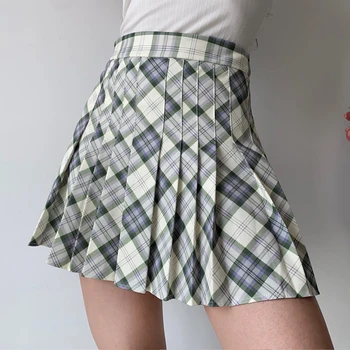  зеленый фруктовый теннис плиссированная мини-юбка женщина повседневная плед с высокой талией короткие юбки лето преппи стиль корейский винтаж y2k одежда
