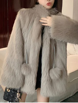   Высокое качество Лацкан Мех Мех Травяное Пальто Мех Свободное Пальто 2023 Зима Новая Корейская Мода Женская Одежда
