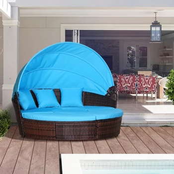  Комплект мебели для патио из 4 предметов, круглая трансформируемая кушетка или лежак с регулируемым навесом от солнца, секционный диван, синий/серый/белый