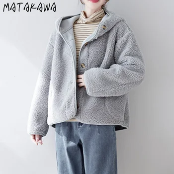  Matakawa Осенне-зимние куртки с капюшоном Массив овечьей шерсти Сладкий японский стиль Толстые пальто Все соответствуют теплым пуговицам Короткие Veste Femme