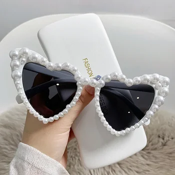  Модные солнцезащитные очки в форме сердца в жемчужной оправе Женские розовые очки Трендовые женские солнцезащитные очки кошачий глаз Пляжные оттенки UV400