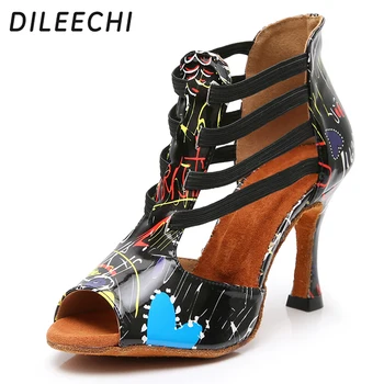  DILEECHI Обувь для латиноамериканских танцев Многоцветный узор синий PU обувь для вечерних танцев Женская обувь для бальных танцев Отрегулируйте ширину кубинского каблука 9 мм