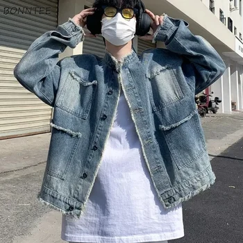  американские винтажные джинсовые куртки для мужчин потертые дизайнерские харадзюку корейская модная уличная одежда модная куртка y2k повседневная хай-стрит