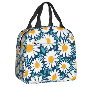   Custom Flower Daisy Цветочная сумка для ланча Мужчины Женщины Кулер Теплый изолированный ланч-бокс для школы, работы, путешествий, пикника, еды, сумок-тоут