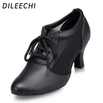  DILEECHI Женская учительская обувь Черный Натуральная кожа Современная танцевальная обувь воловья кожа Обувь для бальных танцев женское товарищество