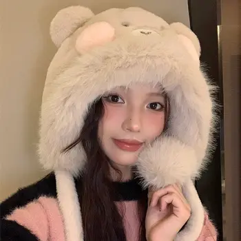  Корейские зимние шапки Новый большой медведь Котенок Шапка Мех Мягкая теплая меховая шапка Леди