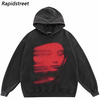  2024 Мужская уличная одежда Хип-хоп Оверсайз толстовка с капюшоном Красный FaceShadow Graphic Harajuku Ретро Стиранный Черный пуловер с капюшоном Унисекс