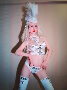  Ночной клуб бар девушка gogo белый бикини шаль перо головной убор ds танцевальная команда певица Wansheng