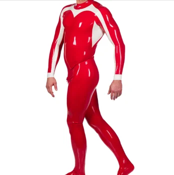  Латекс Gummmi Красный и белый прошитый Комбинезон Гоночный костюм для ролевых игр для вечеринок вручную по индивидуальному заказу 0,4 мм XS-XXL