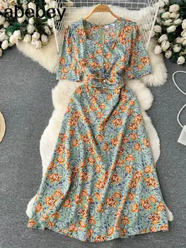  шифон цветочный пляж платье женская мода с квадратным воротником тонкий дизайн на молнии корейский отпуск а-силуэт длинное летнее платье