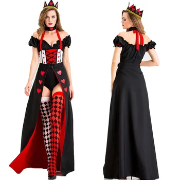  Королева червей Алиса в стране чудес Костюм Покер Королева косплея Хэллоуин Маскарад Костюмы Сексуальное платье с чулками