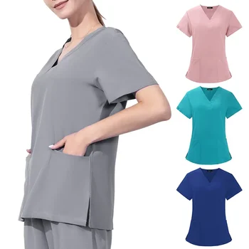  2024 Женская медицинская одежда для женщин Топы Униформа De Enfermera Mujer Футболка с коротким рукавом и V-образным вырезом Pocket Care Workers