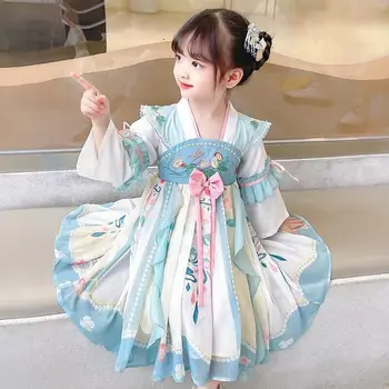  Китайское платье Ханьфу для девочек Древний Ханьфу Детский карнавал Хэллоуин Косплей Костюм 2023 Лето Розово-голубое платье для девочек Дети