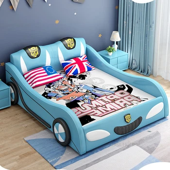  Nordic Детские кровати из массива дерева Креативный спортивный автомобиль Кожаные кровати для мальчиков Многофункциональная односпальная детская кровать с поручнями