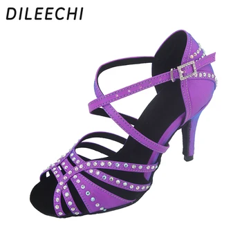  DILEECHI Латиноамериканская танцевальная обувь Стразы Фиолетовая вспышка Атласная вечеринка Сальса Бальные танцы Обувь Высокий тонкий каблук 8,5 см Мягкая подошва