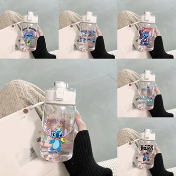  450/600 мл Disney Stitch Kawaii Бутылка для воды Модная мультяшная чашка для воды с соломой Портативная пластиковая студенческая спортивная чашка на открытом воздухе