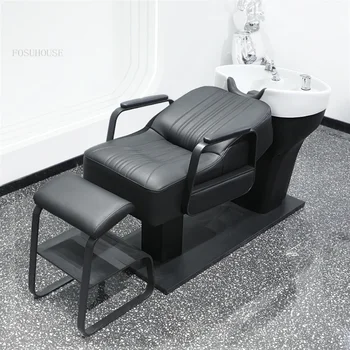  Современные полулежачие стулья для парикмахерской Керамический таз Простой стул из искусственной кожи Креативный дизайн Шампунь Кровать для парикмахерского салона
