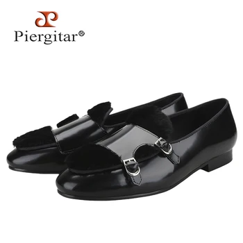  Piergitar 2024 Черный мех Пэчворк с телячьей кожей Мужская обувь монах Британские слипоны в классическом стиле для вечеринки или повседневной одежды