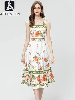  AELESEEN Высококачественное платье из 100% хлопка для женщин Дизайн Мода Спагетти Ремешок Цветочный Принт Сицилийский Элегантный Длинный Поплин