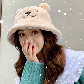  корейская мода зимние медвежьи уши ведро шляпа женская модная мягкая коралловая флисовая бархатная девушка милая мультяшная пушистая теплая рыбацкая шапка