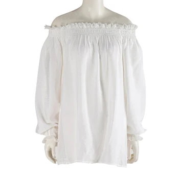  Дешевая одежда Китай Женские топы с открытыми плечами Новая мода Белая кружевная рубашка Рубашки с длинным рукавом Свободные эластичные блузки с оборками
