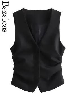  2024 Bazaleas Store Traf Official Side Женский жилет с рюшами Тонкая черная куртка без рукавов для женщин Базовый укороченный жилет