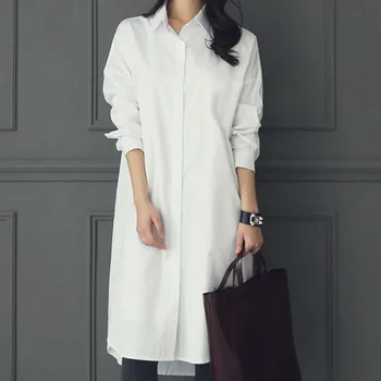  Топы Блузки Белые Свободные Новый женский размер Всематчевые Хорошее качество Новая свободная блузка длинный абзац с длинным рукавом белая рубашка