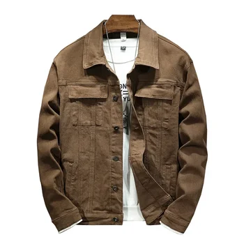   Мужская коричневая джинсовая куртка 2023 весна и осень Новый стиль Мода Высокое качество Эластичная тонкая куртка Джинсовая мужская брендовая одежда