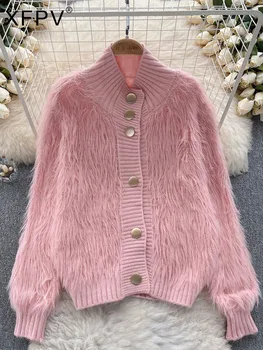  XFPV Женская сладкая темпераментная вязаная однобортная свободная куртка-свитер Пальто Y2k Корейская мода осень-зима 2023 SM8372