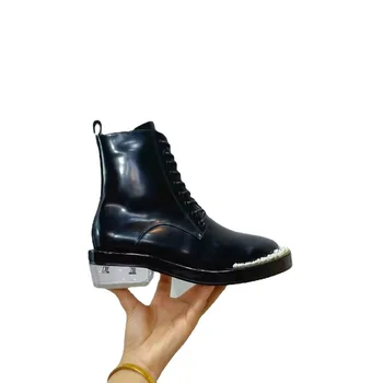  Pearl Украшение Женщины Ботильоны Круглый носок Высокие каблуки Обувь Элегантная боковая молния Botas Femininas Сплошной цвет Zapatos Mujer