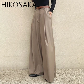  2024 Осенние Корея Шикарные женские брюки с высокой талией Плиссированные брюки со свободным карманом Всематчевые брюки с поясами Однотонные повседневные брюки