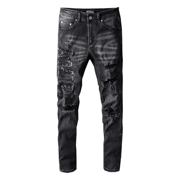  Высококачественные мужские джинсы Потертая уличная одежда Мода Брюки с вышитыми буквами Повреждение Узкие стретч-рваные брюки для мужчин