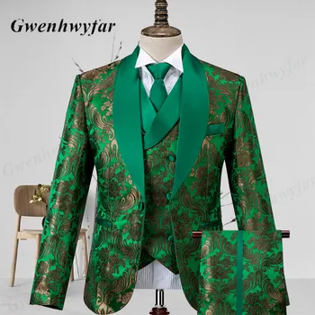  Gwenhwyfar Star Зеленый узор Ткань Мужские Костюмы 2022 Сшитый на заказ Groomsmen Best Man Tuxedos Suit с золотым цветком мушмулы 3 шт
