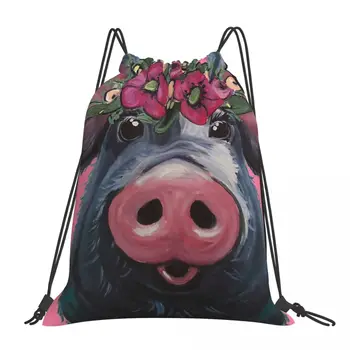  Милая свинья Арт, Свинья с цветочной короной Арт, LuLu Pig Art Рюкзаки Портативные сумки на шнурке Пучок на шнурке Карманная спортивная сумка