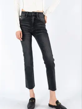  Женщины Straight Sim Fit Серые джинсовые брюки Raw Edge Женские модные джинсы на осень 2022