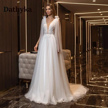  Dathyka Причудливые свадебные платья для женщин 2024 Невеста Двойной V-образный вырез без рукавов с открытой спиной и бантом Sweep Train Vestido De Casamento