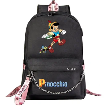  Мультфильм Диснея Пиноккио USB Рюкзак Школьная сумка Рюкзак для ноутбука Женщины Мужчины Сумка для путешествий Рюкзаки Цепочка Рюкзак Mochilas