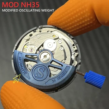  Mod Оригинальный механизм NH35 Модифицированный синий ротор с ротором с ротором с ротором 24 камня Автоматический механический механизм NH35A Индивидуальный молоток