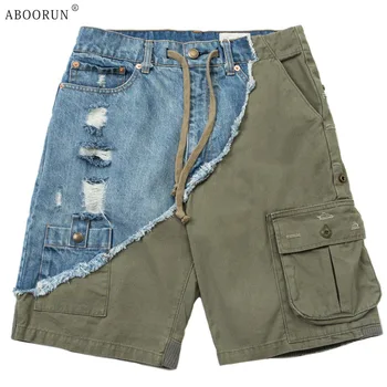  ABOORUN Мужские джинсовые шорты в стиле пэчворк Hi Street Летние джинсовые шорты с несколькими карманами-карго для мужчин